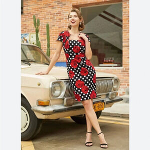 Grace Karin, 1950’s Retro inspired Cocktail Polka Dot Floral pencil mini dress